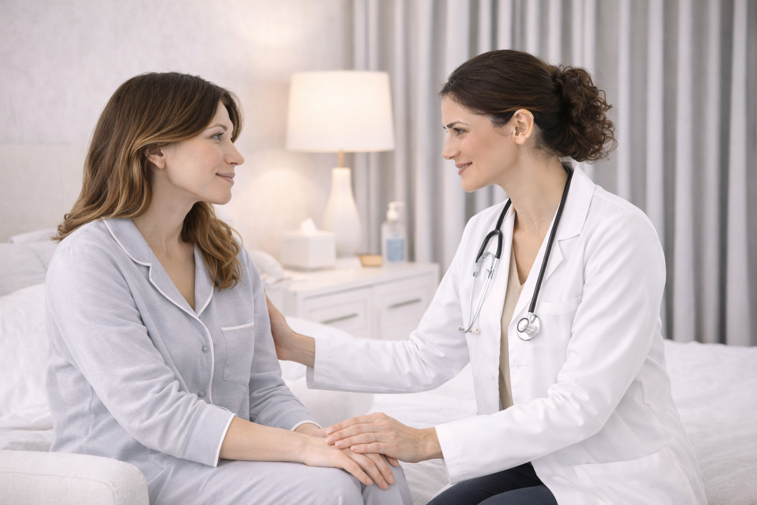 A person sitting in a consultation with a doctor, looking at a screen together with a calm and focused expression.